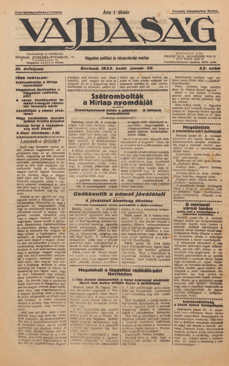 Vajdaság, 3. évf. 1923. január 30. 23. sz.