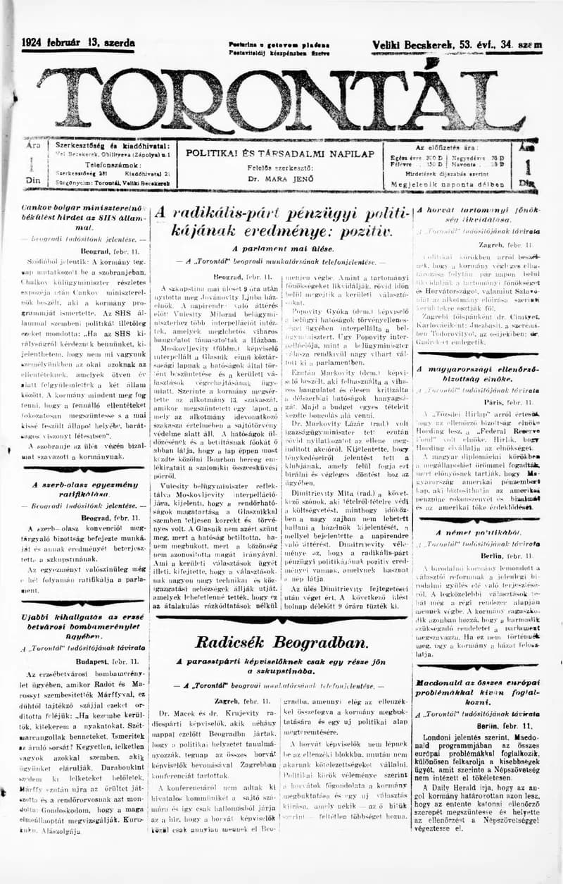 Torontál, 53. évf. 1924. február 13. 34. sz.