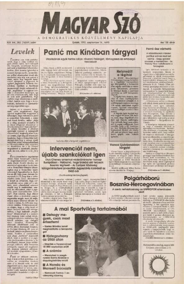 Magyar Szó, 49. évf. 1992. szeptember 14. 253. sz. 1–16. oldal