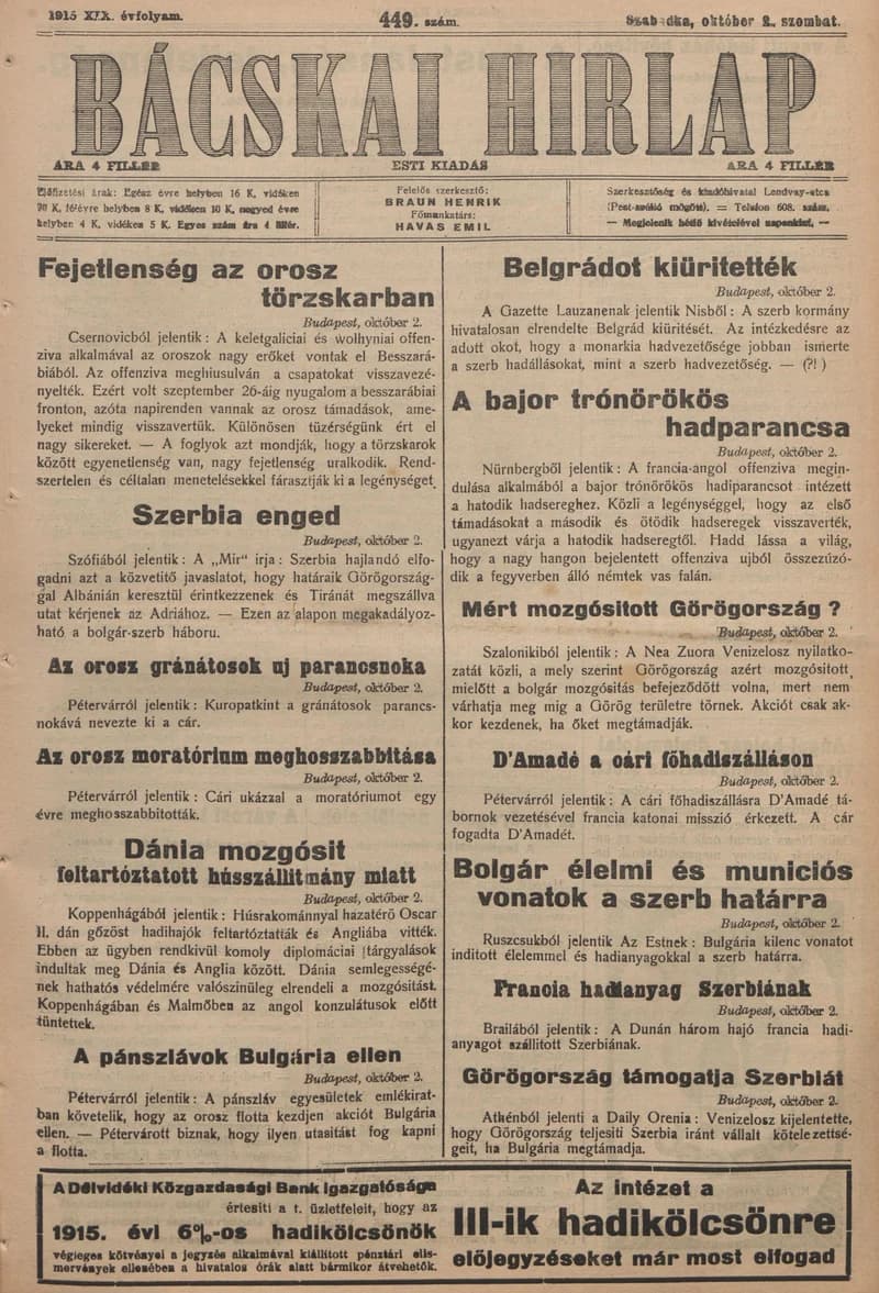 Bácskai Hirlap, 19. évf. 1915. október 2. 449. sz.