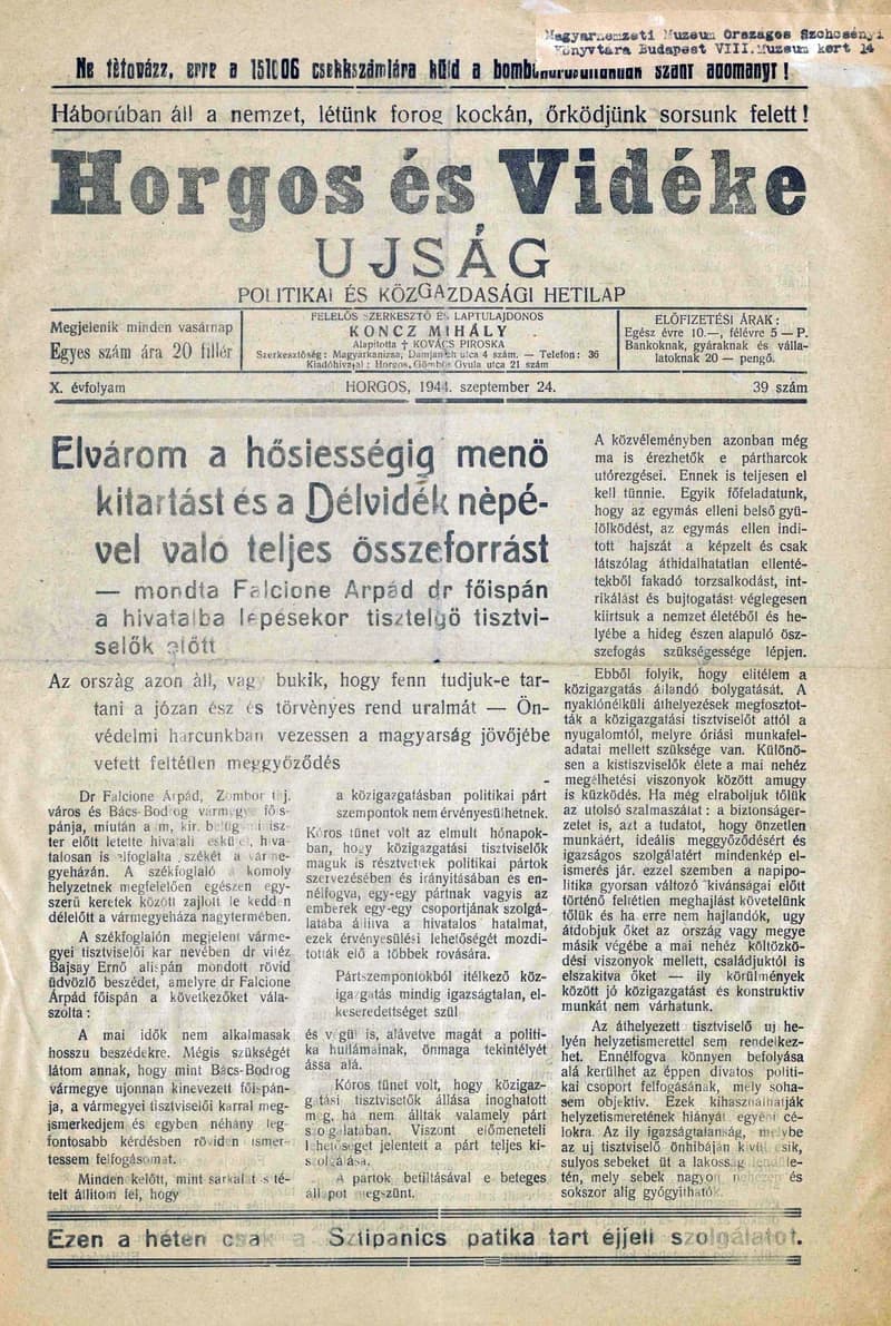 Horgos és vidéke, 9. évf. 1944. szeptember 24. 39. sz.