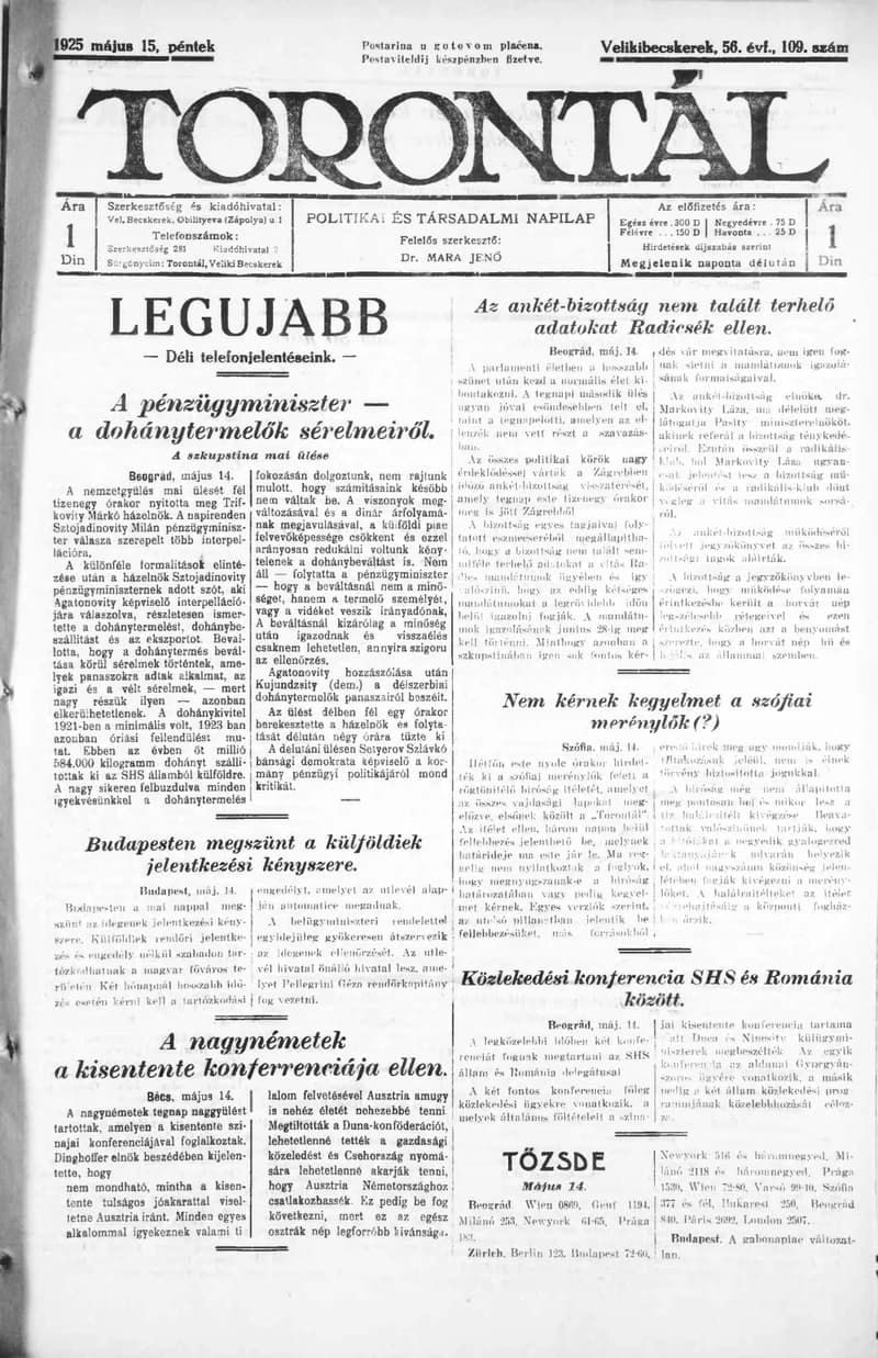 Torontál, 54. évf. 1925. május 15. 109. sz.