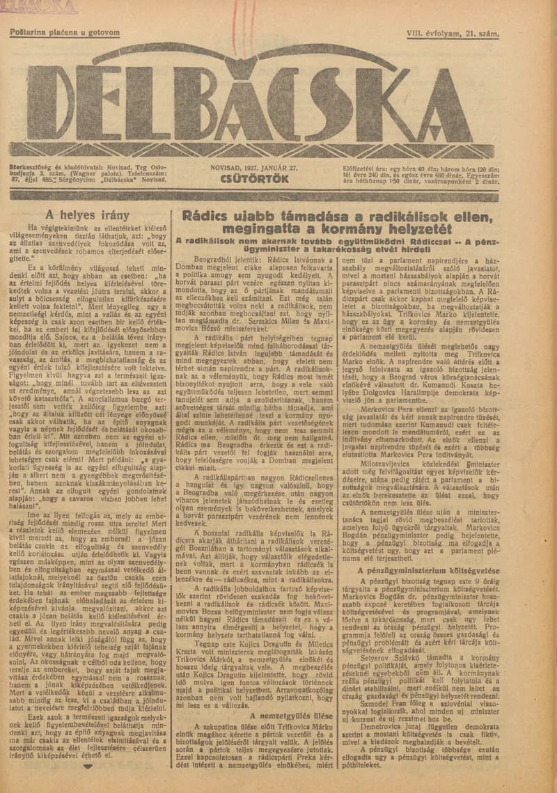 Délbácska, 8. évf. 1927. január 27. 21. sz.