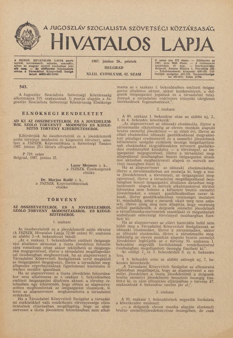 A Jugoszláv Szocialista Szövetségi Köztársaság Hivatalos Lapja, 43. évf. 1987. június 26. 42. sz. 1033–1084. oldal