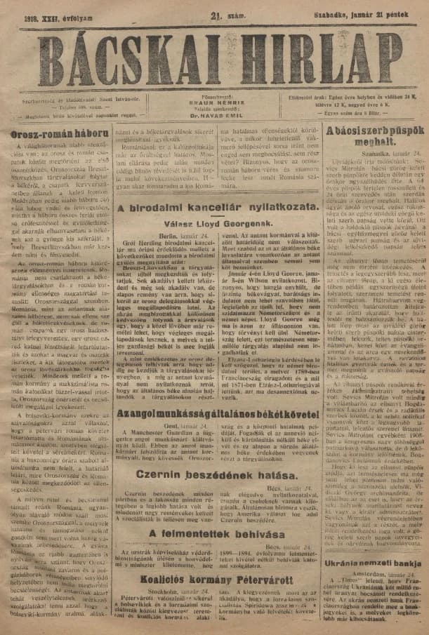 Bácskai Hirlap, 22. évf. 1918. január 25. 21. sz.