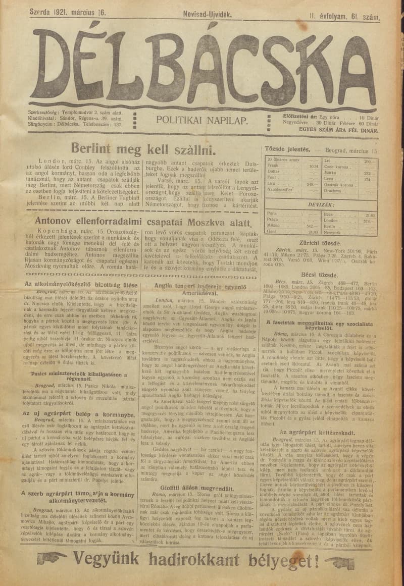 Délbácska, 2. évf. 1921. március 16. 61. sz.