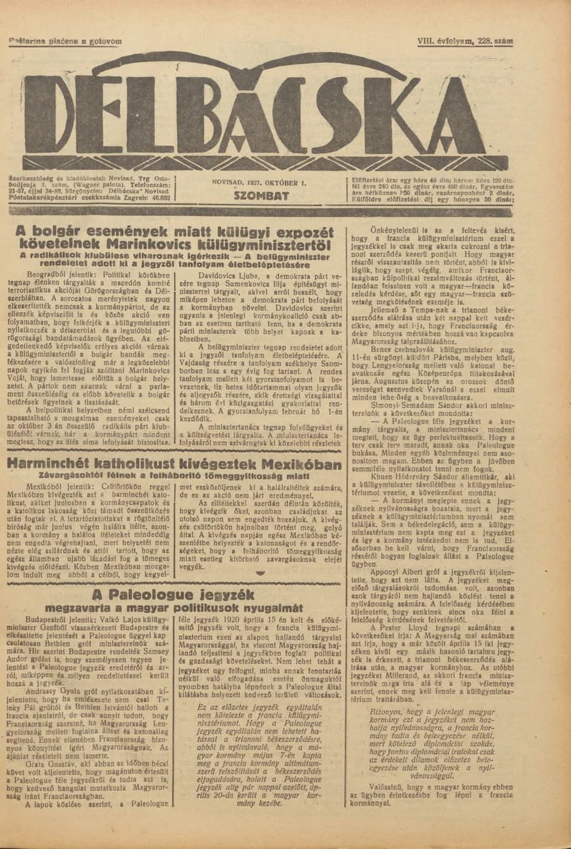 Délbácska, 8. évf. 1927. október 1. 228. sz.
