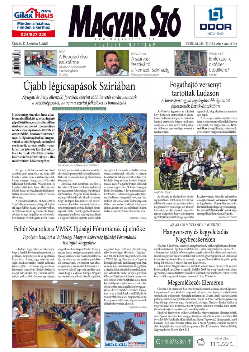 Magyar Szó, 72. évf. 2015. október 5. 230. sz. 1–20. oldal