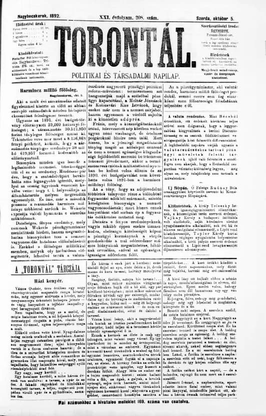 Torontál, 21. évf. 1892. október 5. 208. sz.