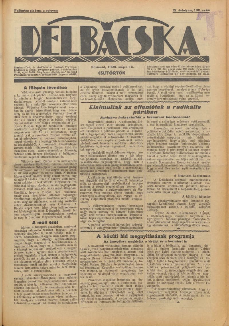Délbácska, 9. évf. 1928. május 10. 108. sz.