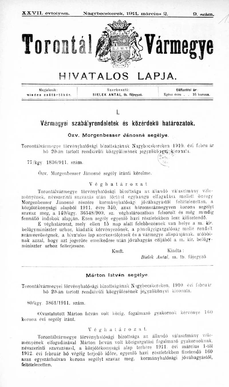 Torontál Vármegye Hivatalos Lapja, 27. évf. 1911. március 2. 9. sz.