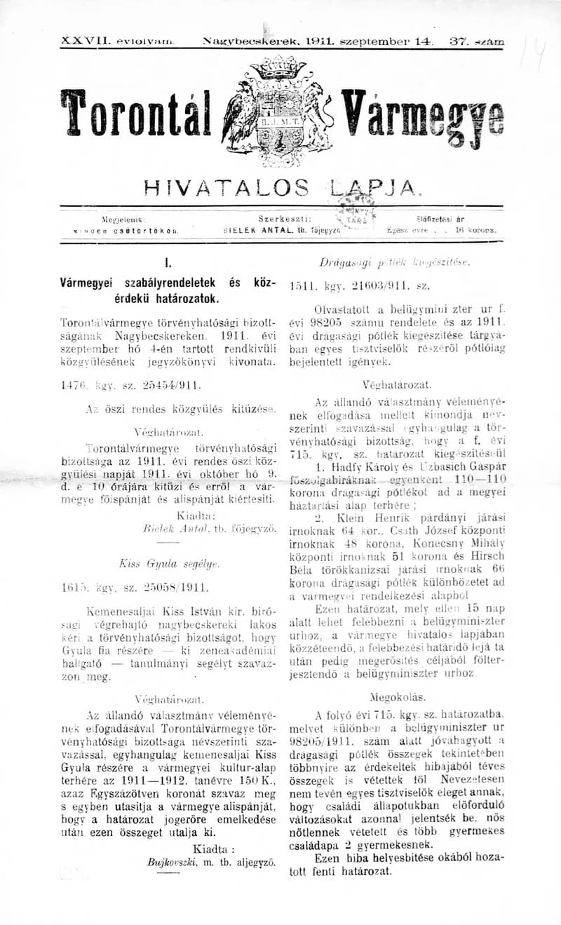 Torontál Vármegye Hivatalos Lapja, 27. évf. 1911. szeptember 14. 37. sz.