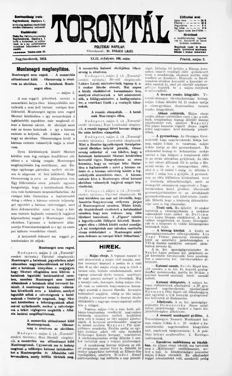 Torontál, 42. évf. 1913. május 2. 100. sz.