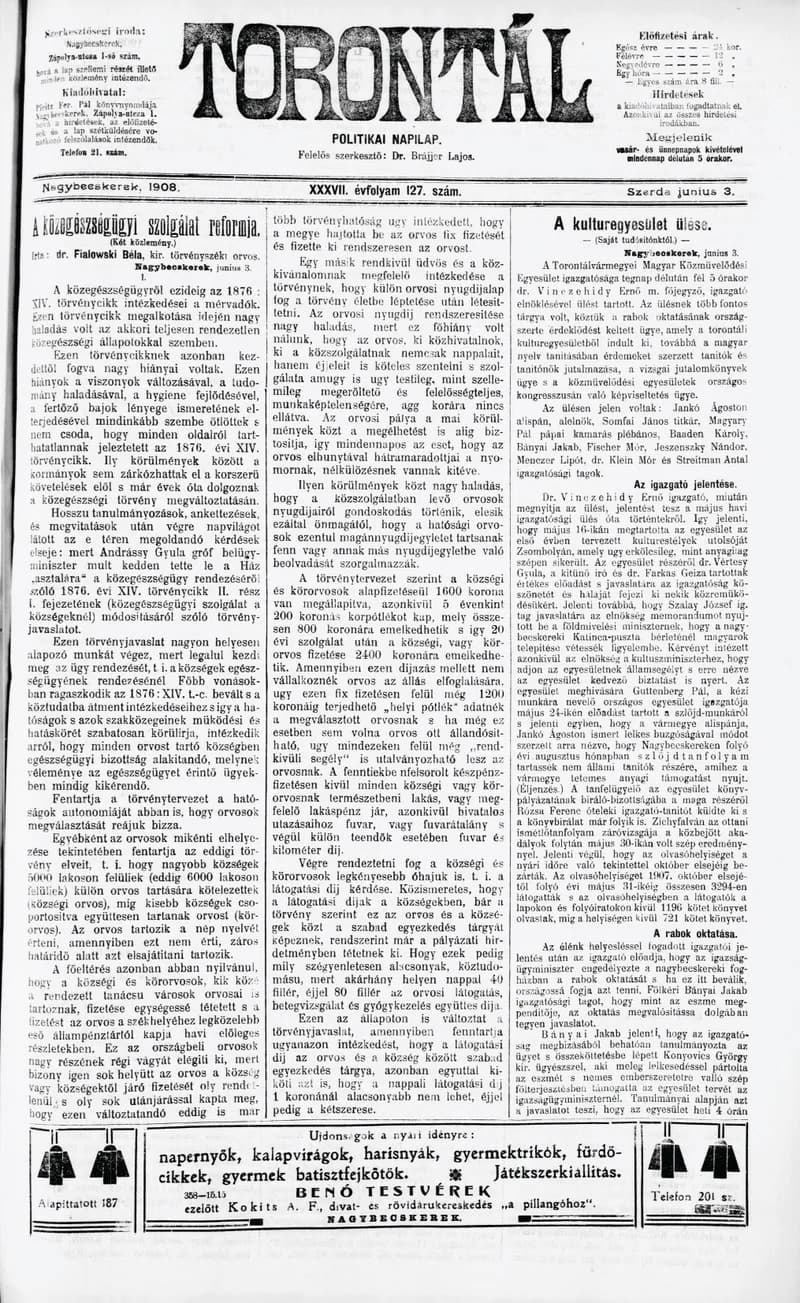 Torontál, 37. évf. 1908. június 3. 127. sz.