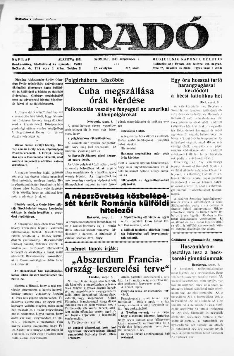 Híradó, 62. évf. 1933. szeptember 9. 212. sz.