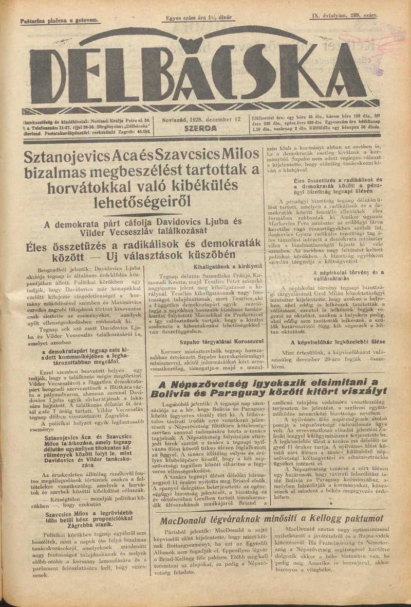 Délbácska, 9. évf. 1928. december 12. 289. sz.