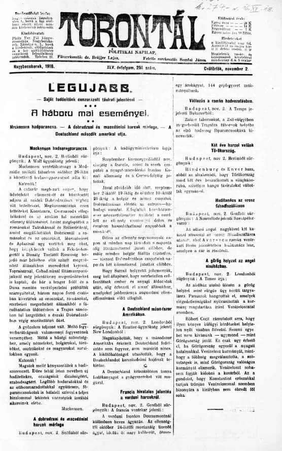 Torontál, 45. évf. 1916. november 2. 251. sz.