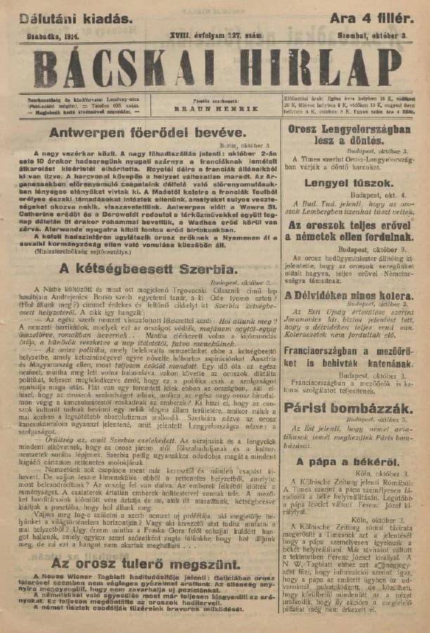 Bácskai Hirlap, 18. évf. 1914. október 3. 277. sz.