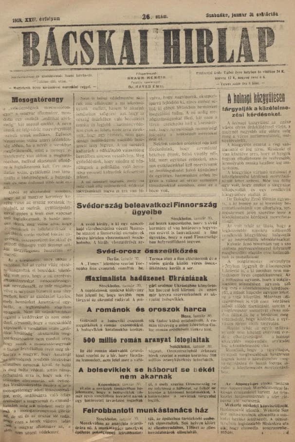 Bácskai Hirlap, 22. évf. 1918. január 31. 26. sz.