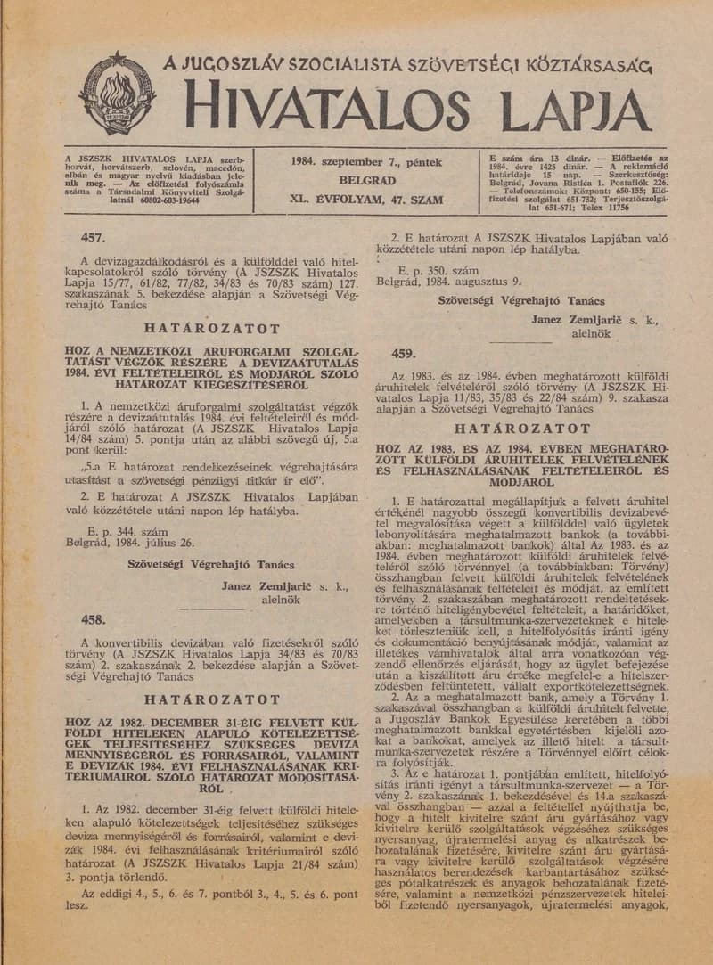 A Jugoszláv Szocialista Szövetségi Köztársaság Hivatalos Lapja, 40. évf. 1984. szeptember 7. 47. sz. 1119–1134. oldal