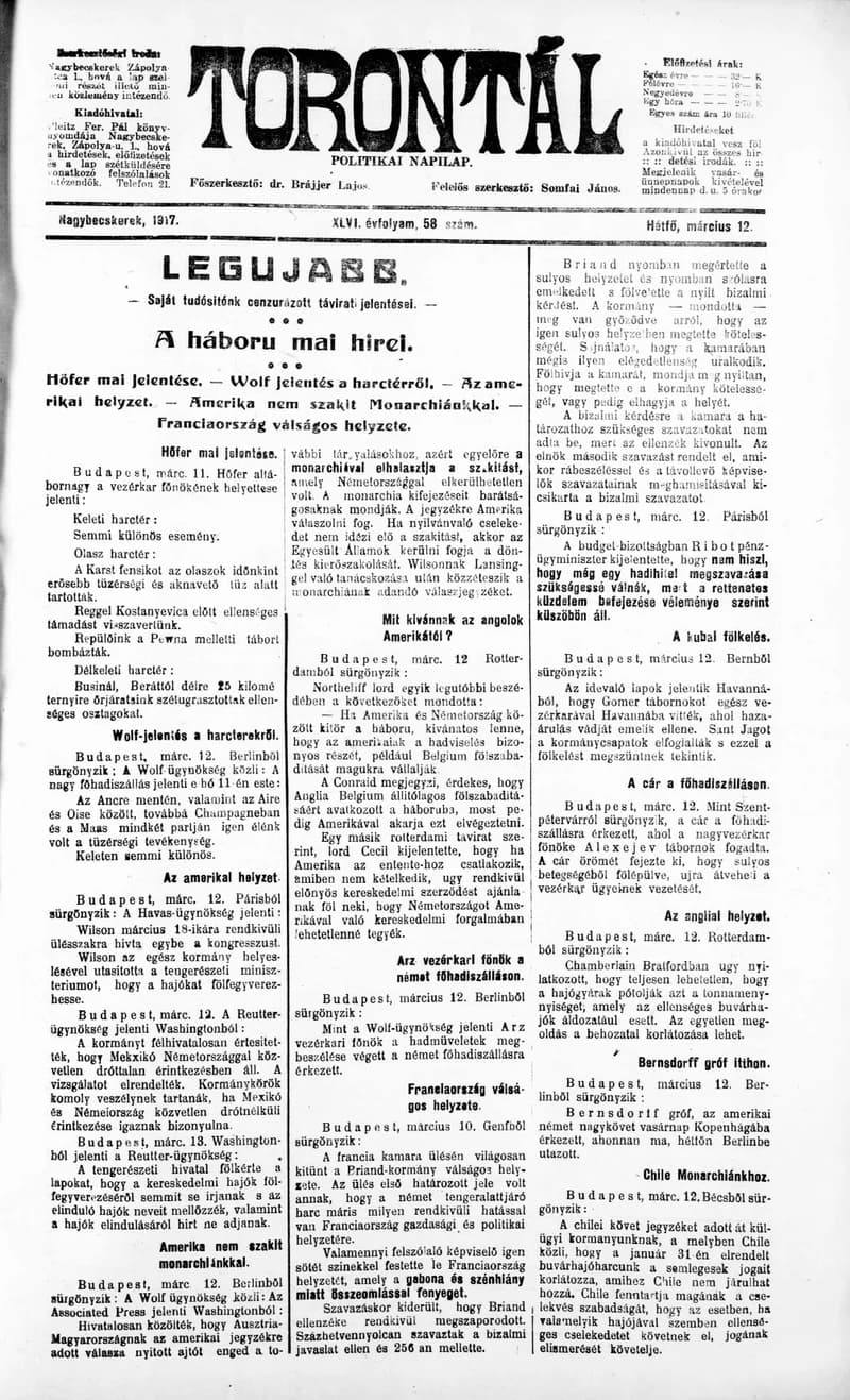 Torontál, 46. évf. 1917. március 12. 58. sz.