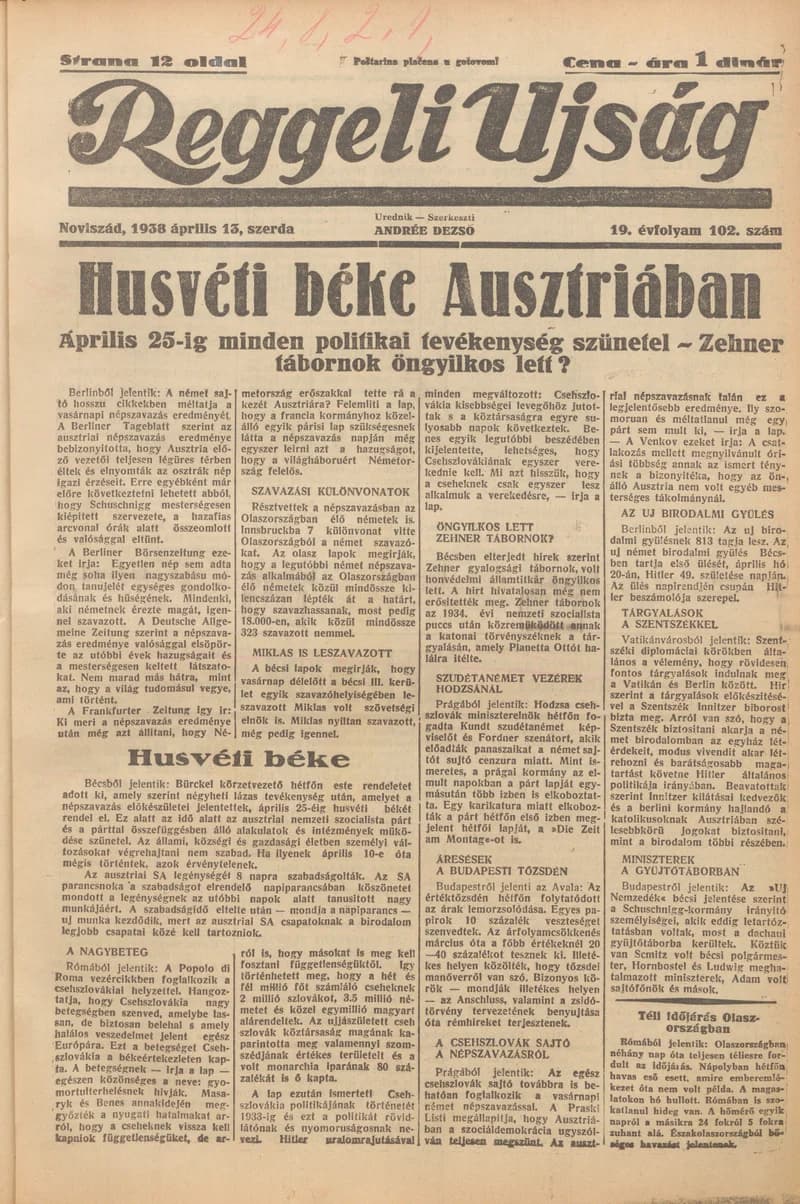 Reggeli Újság, 19. évf. 1938. április 13. 102. sz.