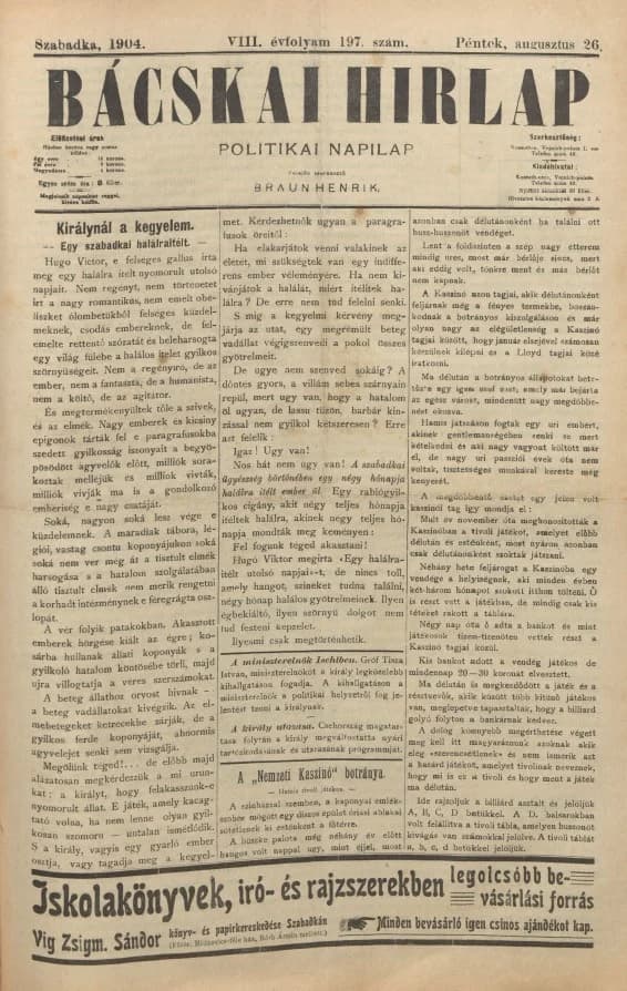 Bácskai Hirlap, 8. évf. 1904. augusztus 26. 197. sz.
