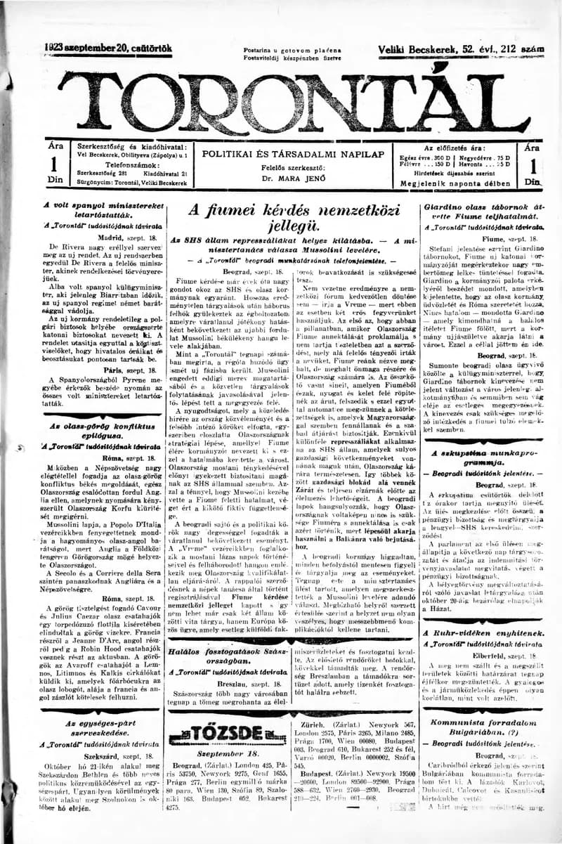 Torontál, 52. évf. 1923. szeptember 20. 212. sz.