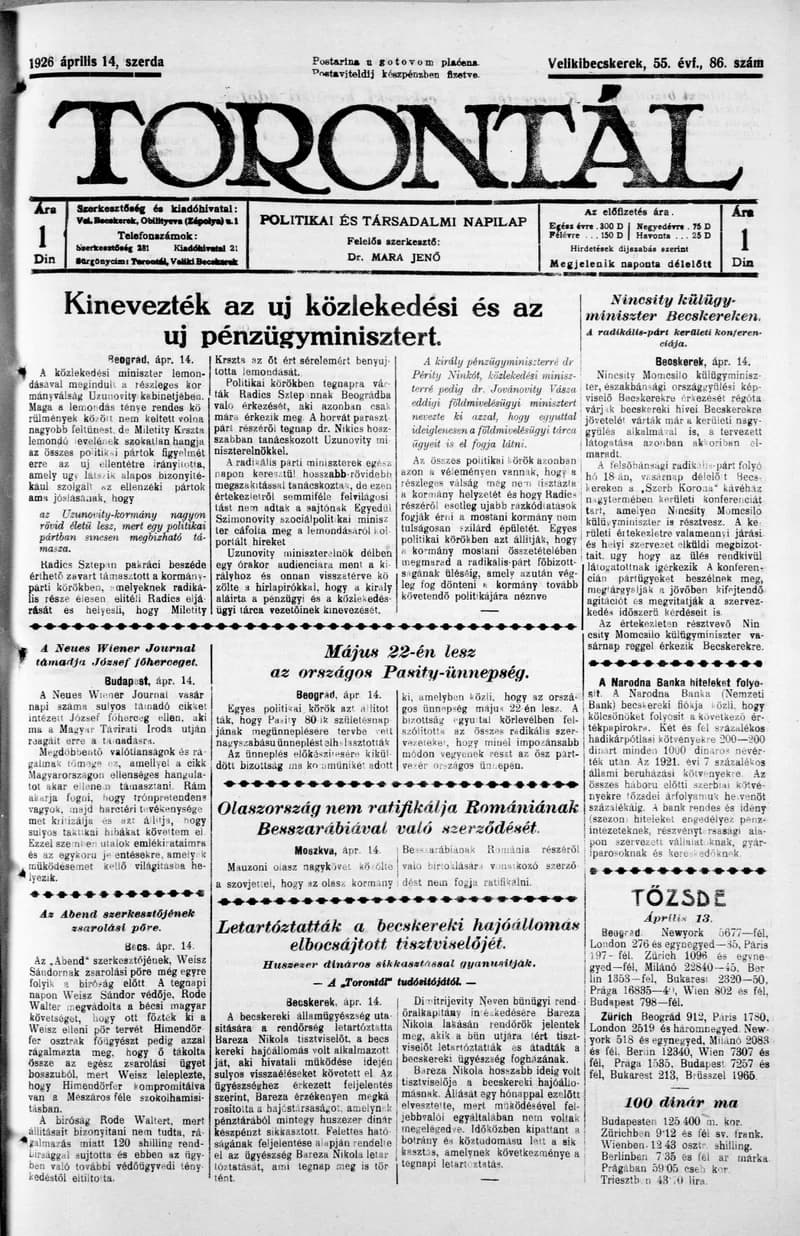 Torontál, 55. évf. 1926. április 14. 86. sz.