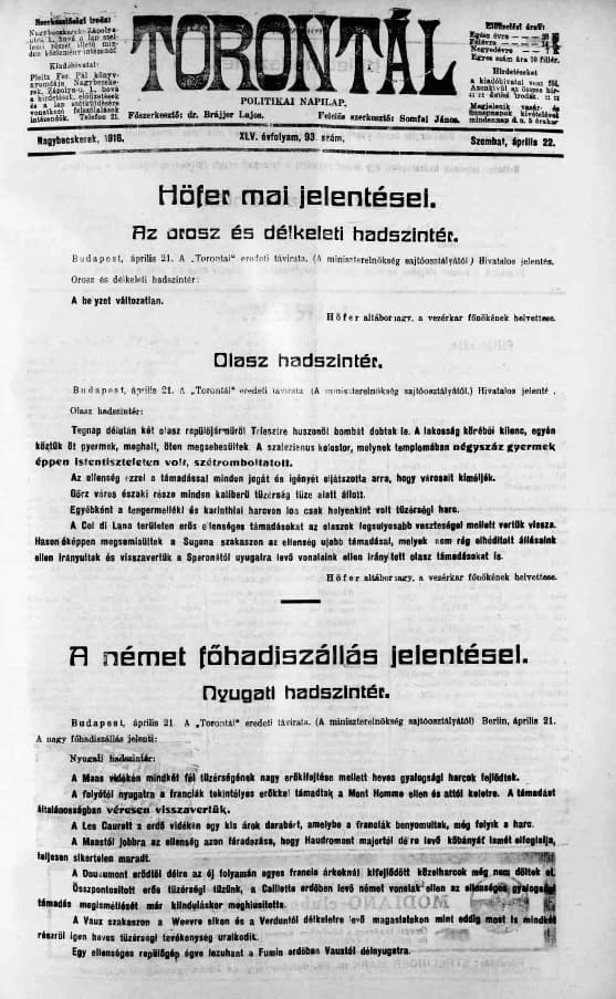 Torontál, 45. évf. 1916. április 22. 93. sz.