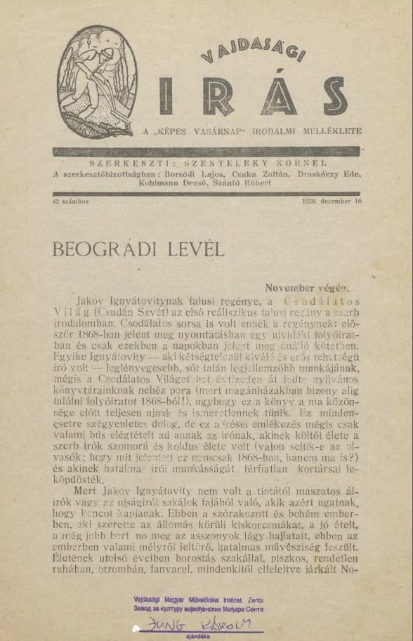 Vajdasági Írás, 1. évf. 1928. december 16. 42. sz. 385–416. oldal
