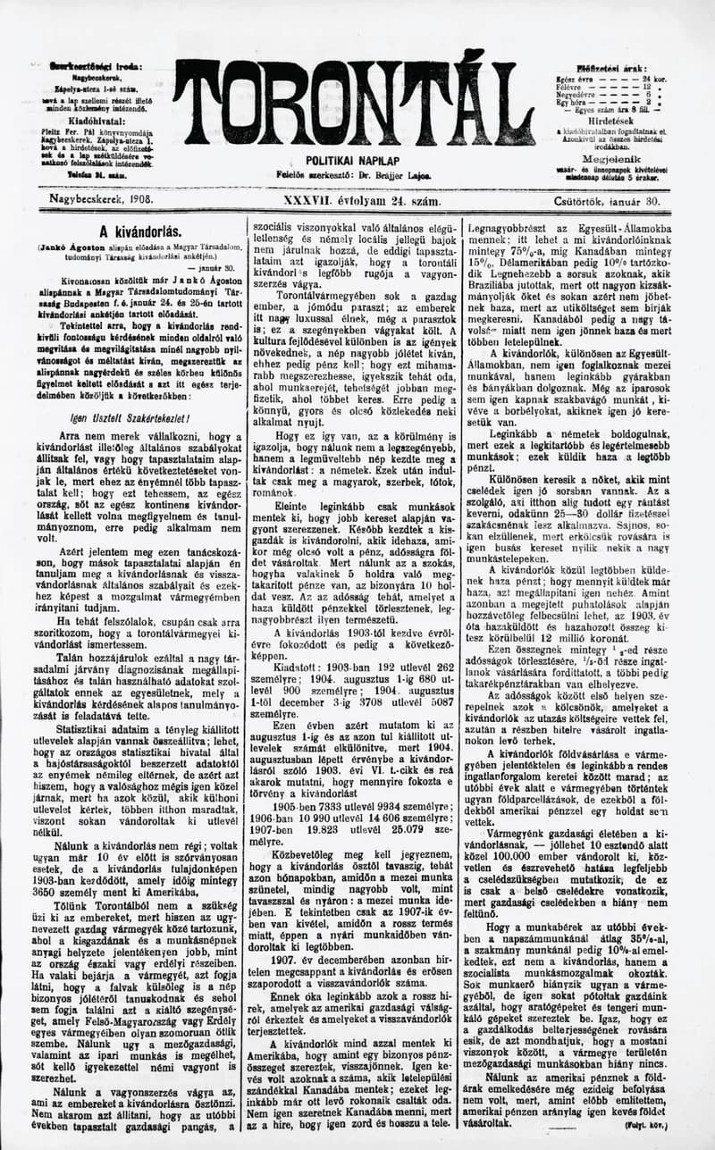 Torontál, 37. évf. 1908. január 30. 24. sz.