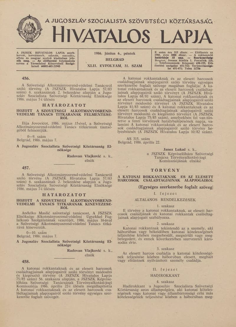 A Jugoszláv Szocialista Szövetségi Köztársaság Hivatalos Lapja, 42. évf. 1986. június 6. 31. sz. 937–972. oldal