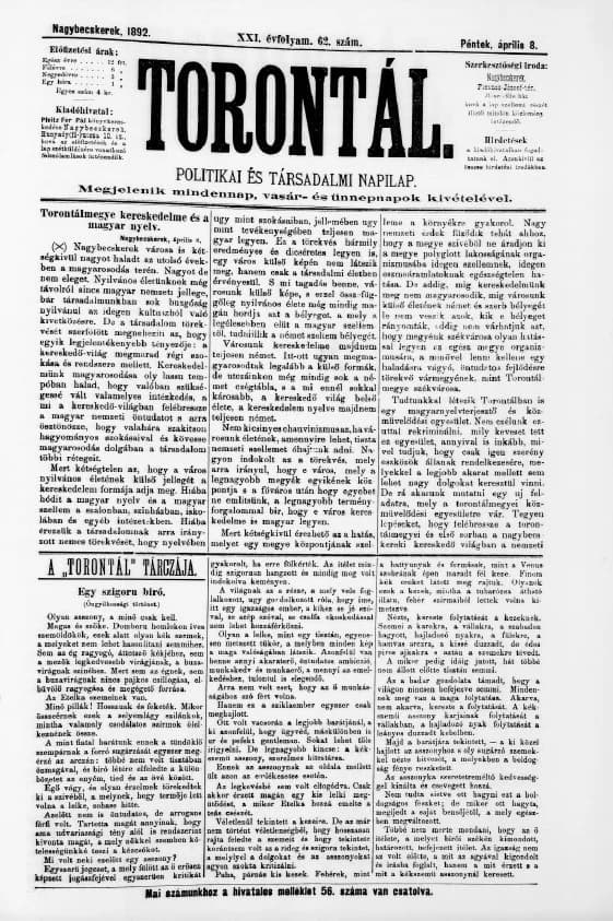Torontál, 21. évf. 1892. április 8. 62. sz.