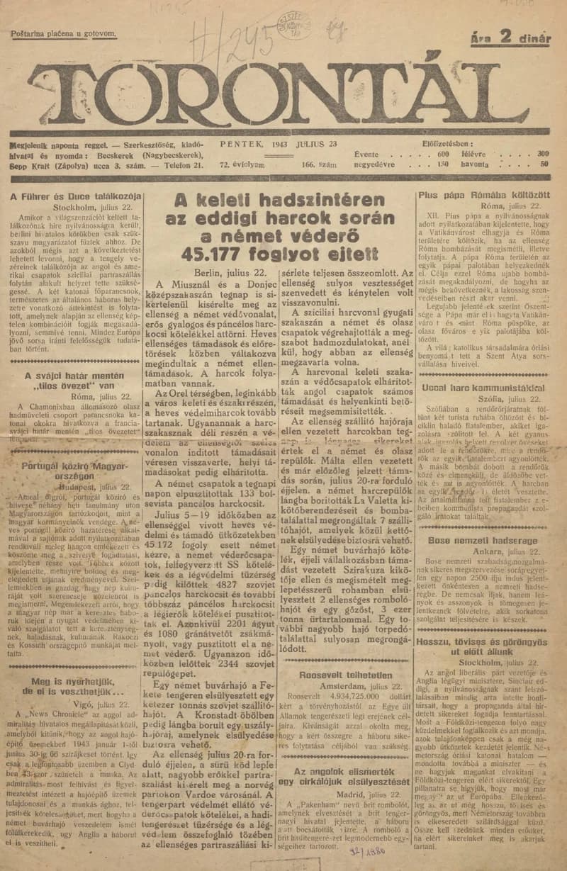 Torontál, 72. évf. 1943. július 23. 166. sz.