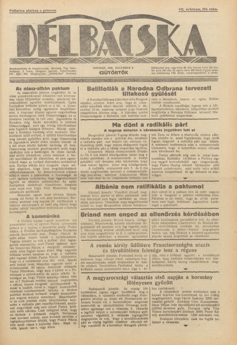 Délbácska, 7. évf. 1926. december 9. 284. sz.