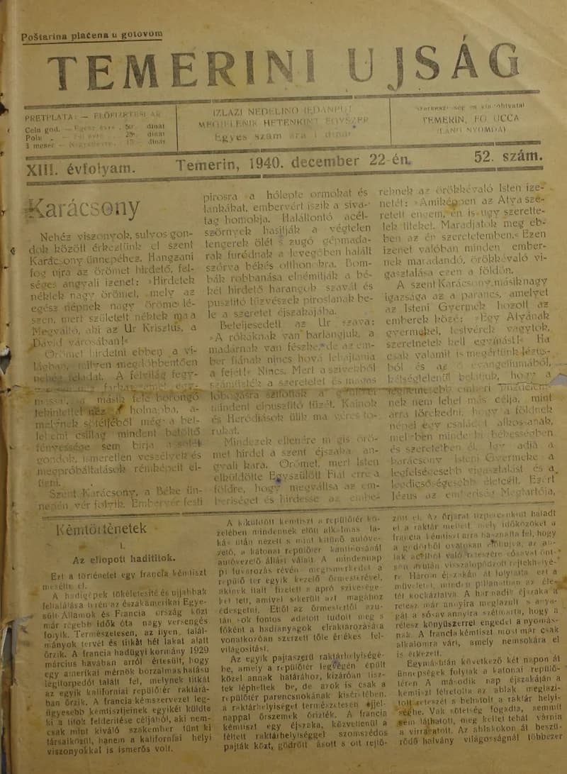 Temerini Újság 1928-1944, 13. évf. 1940. december 22. 52. sz.