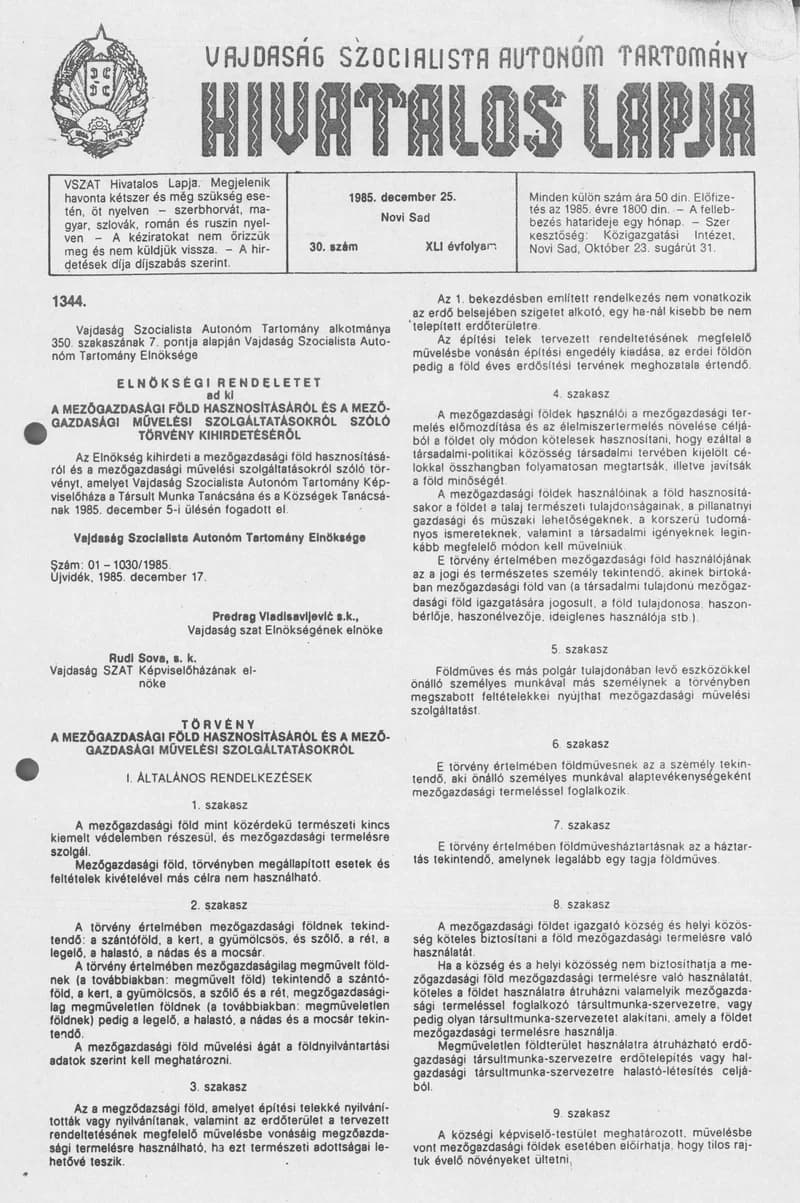 Vajdaság Szocialista Autonóm Tartomány Hivatalos Lapja, 41. évf. 1985. december 25. 30. sz.