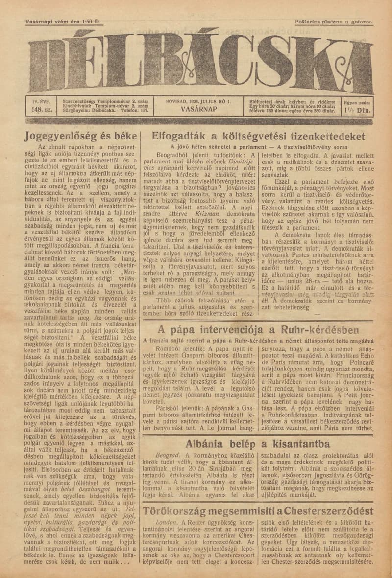 Délbácska, 4. évf. 1923. július 1. 148. sz.