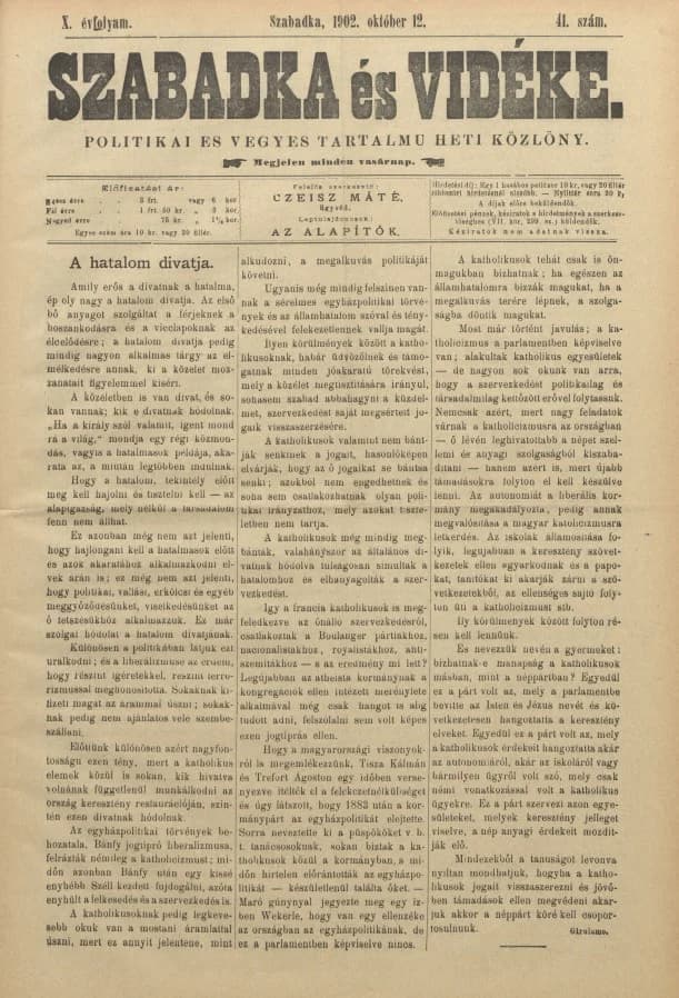 Szabadka és vidéke II, 10. évf. 1902. október 12. 41. sz.
