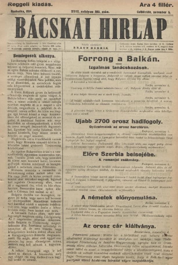 Bácskai Hirlap, 18. évf. 1914. november 5. 282. sz.