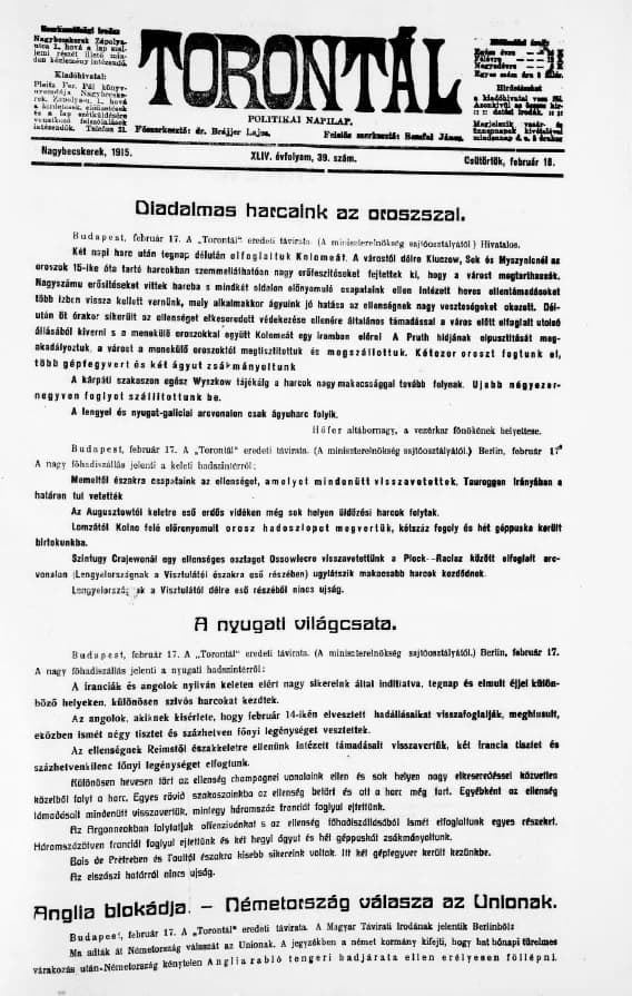 Torontál, 44. évf. 1915. február 18. 39. sz.