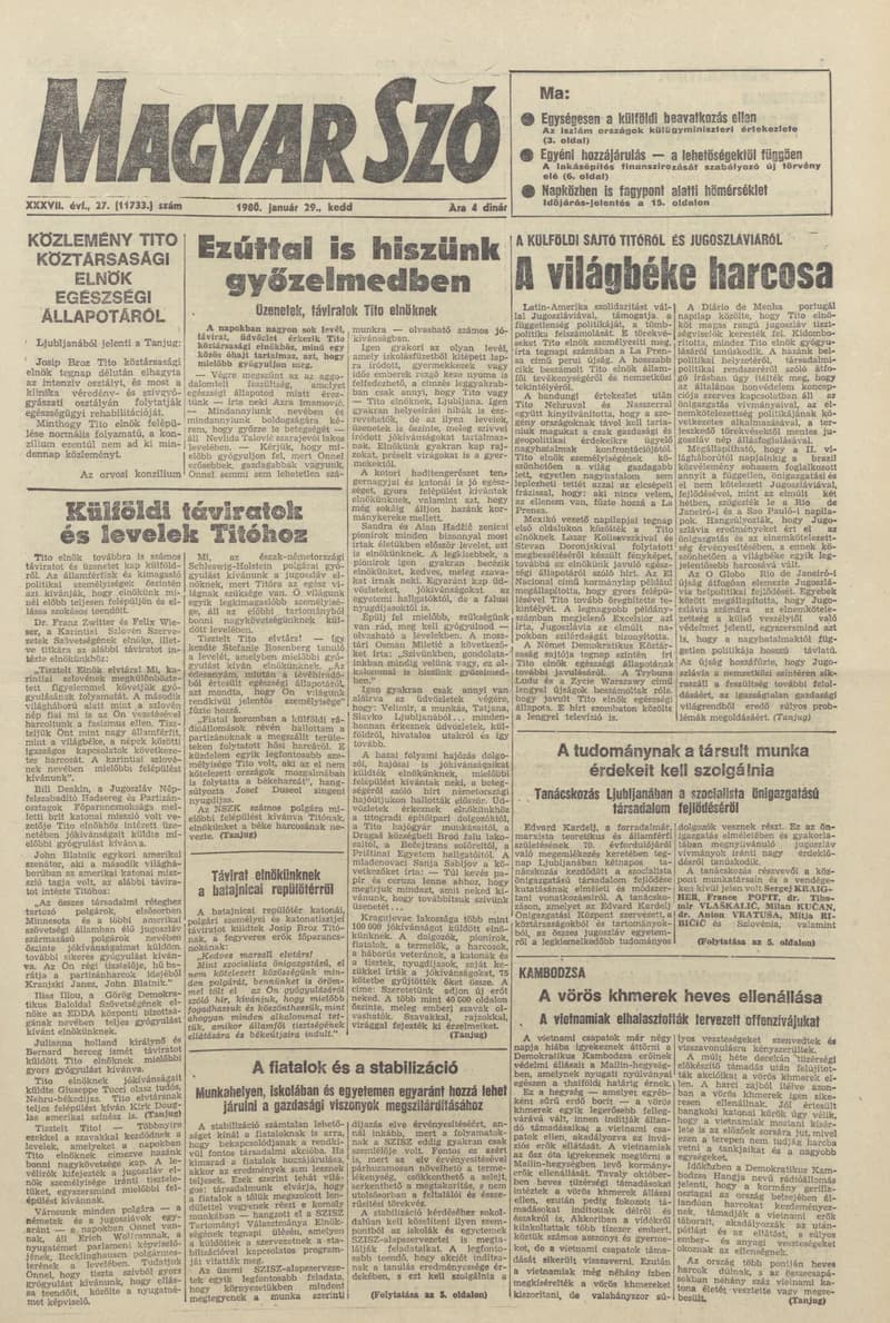 Magyar Szó, 37. évf. 1980. január 29. 27. sz. 1–20. oldal
