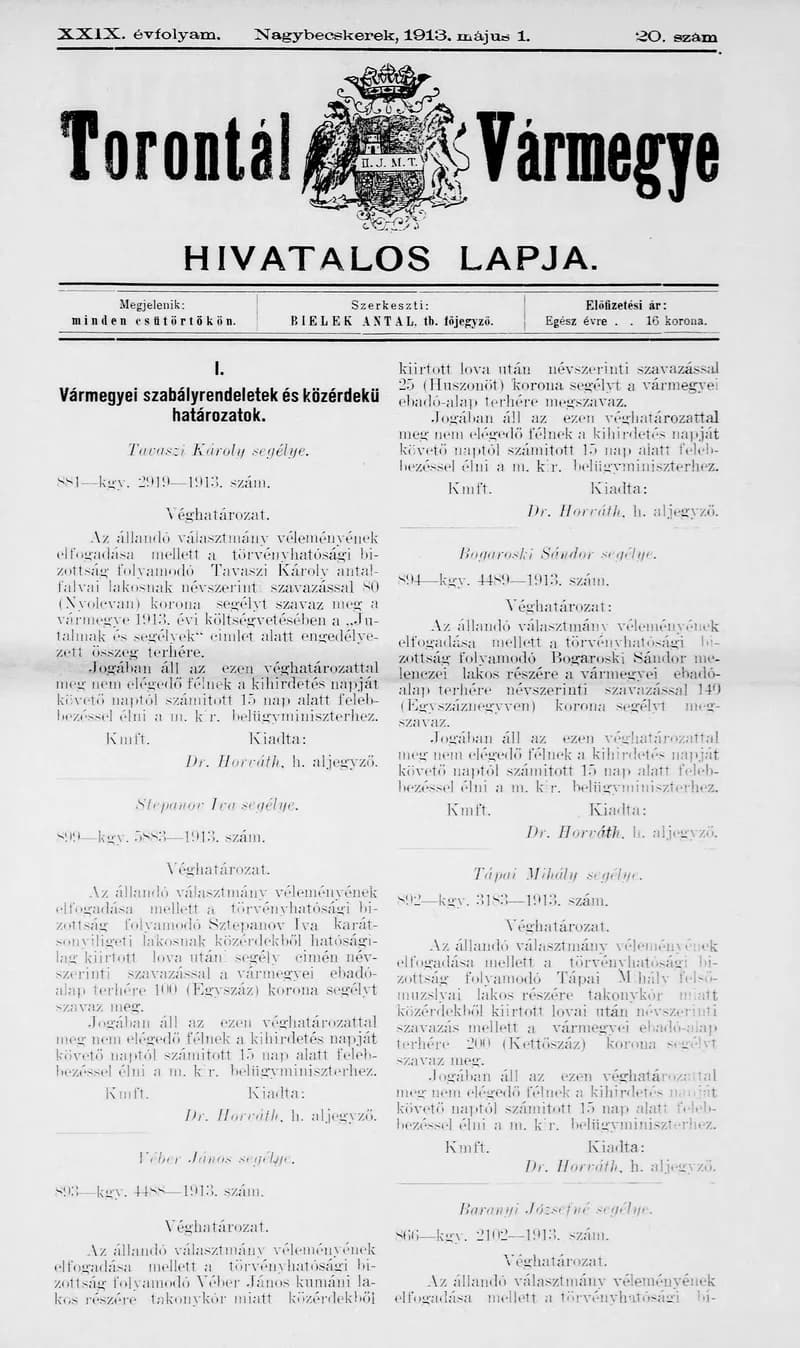 Torontál Vármegye Hivatalos Lapja, 29. évf. 1913. május 1. 20. sz.