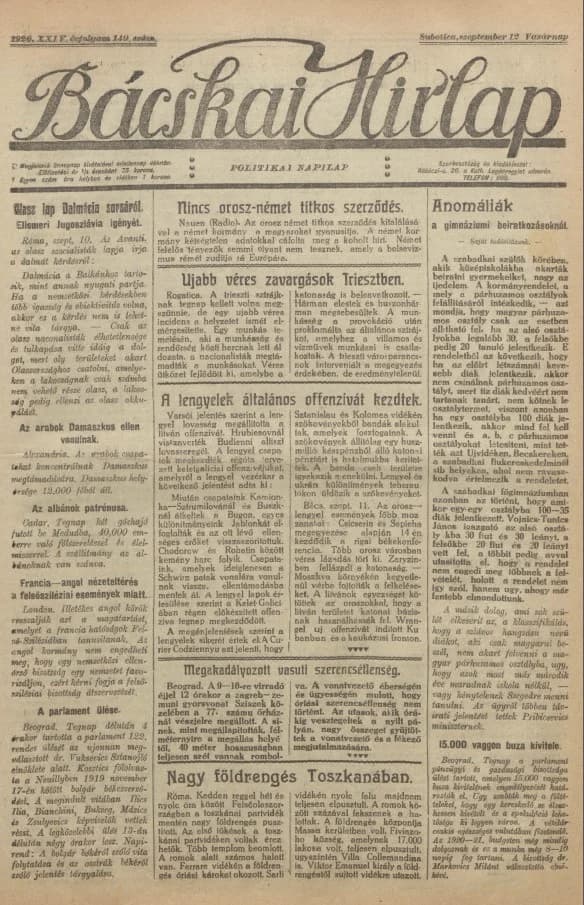 Bácskai Hirlap, 24. évf. 1920. szeptember 12. 149. sz.