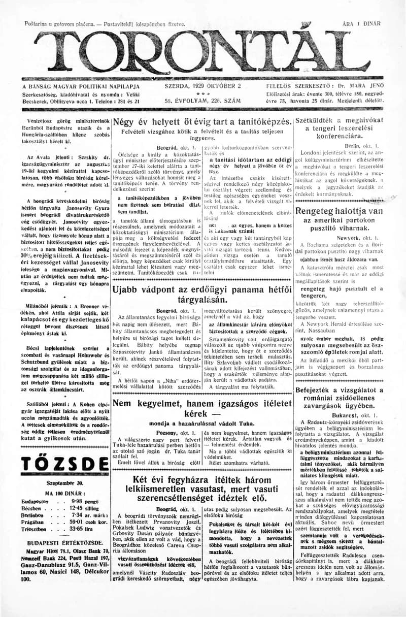 Torontál, 58. évf. 1929. október 2. 226. sz.