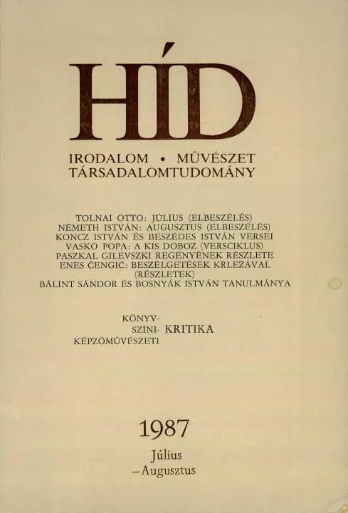 Híd, 51. évf. 1987. július – augusztus. 7–8. sz. 925–1084. oldal