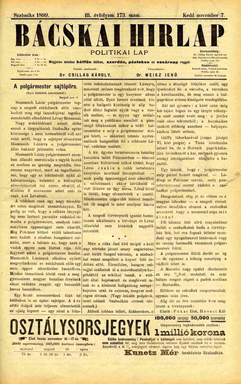 Bácskai Hirlap, 3. évf. 1899. november 7. 173. sz.