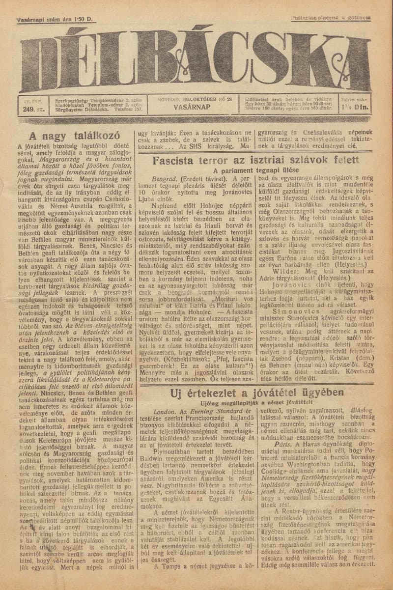 Délbácska, 4. évf. 1923. október 28. 249. sz.