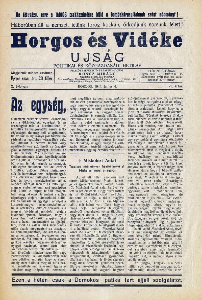 Horgos és vidéke, 9. évf. 1944. június 4. 23. sz.